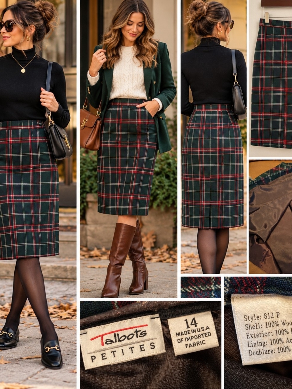 100 % Wool Talbots Green Plaid Midi Pencil Skirt with Red Accent. 14 Petite.